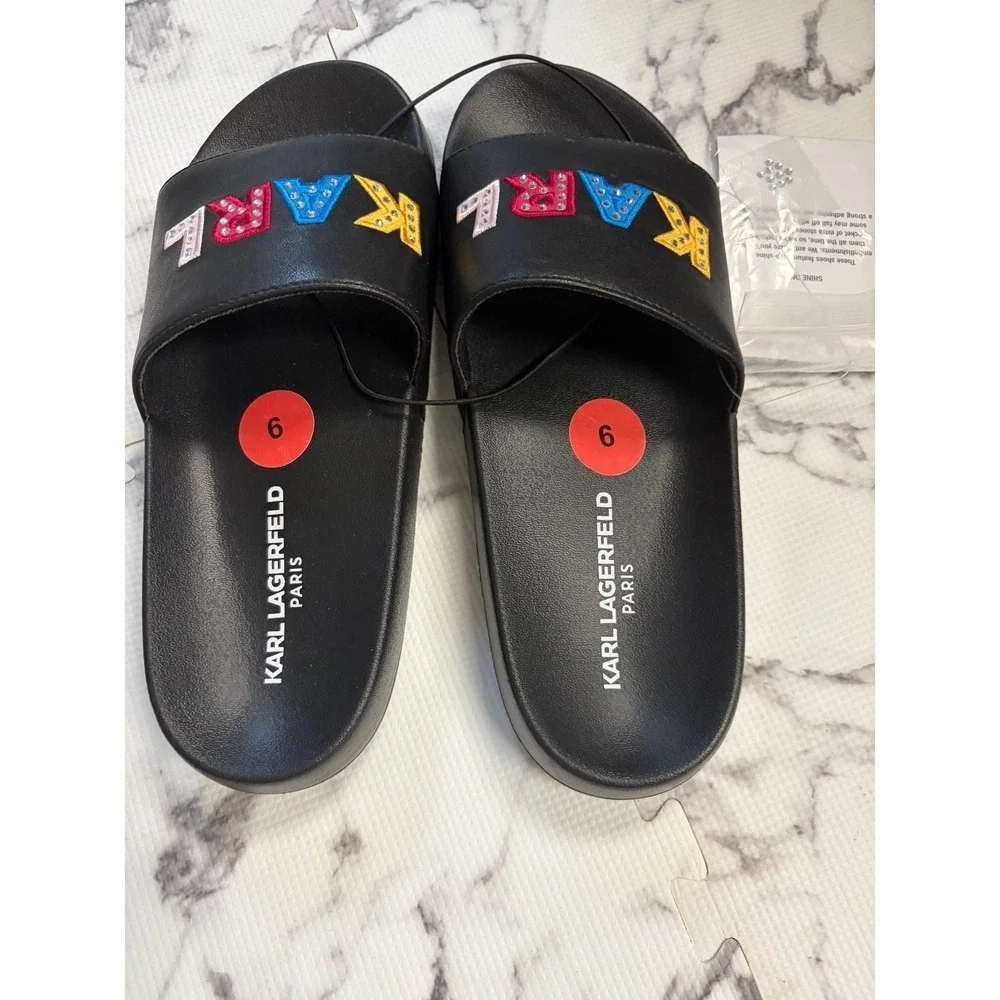 Karl Lagerfeld Paris KARL Rhinestone Logo‎ Slide Sandals Womens Size 6 Black
